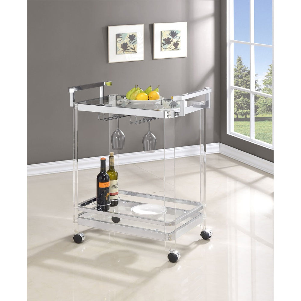 English Elm Kempton Acrylic and Chrome Rolling Bar Cart with Tempered Glass Shelves for Glam Interiors B062P519848