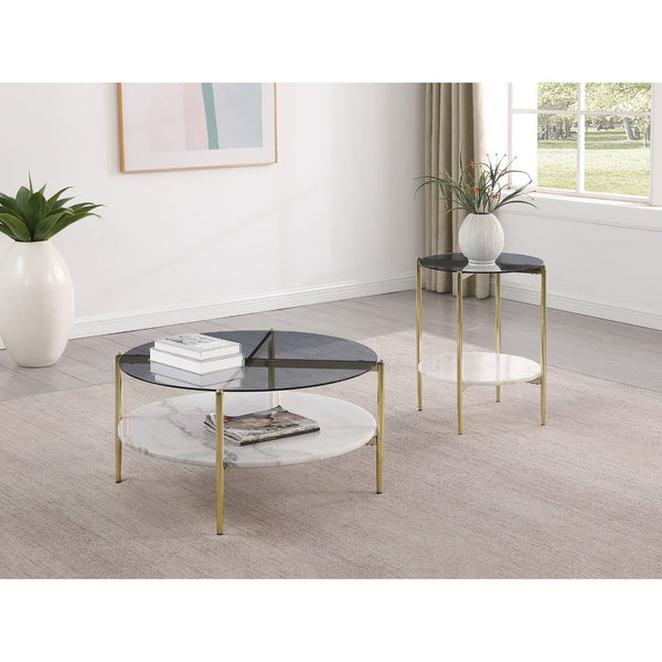 English Elm Jackel Two Tier Round End Table Gold Chrome Frame Marble Shelf Modern Glam B062P519867
