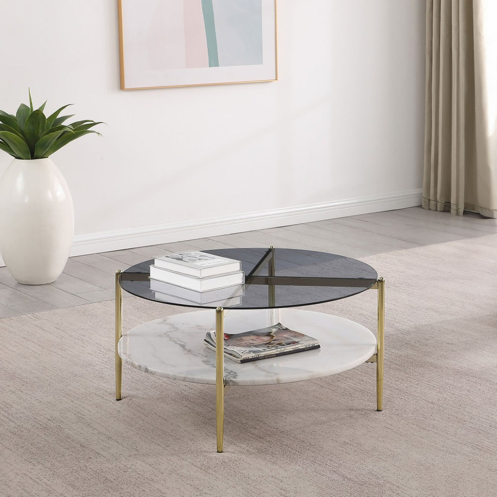 English Elm Jackel Round Coffee Table Smoked Glass Top Genuine Marble Shelf Gold Chrome Frame B062P519868