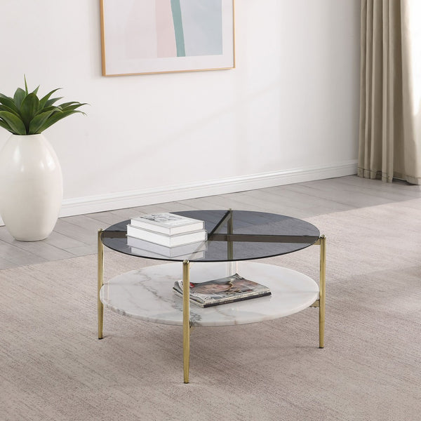 English Elm Jackel Round Coffee Table Smoked Glass Top Genuine Marble Shelf Gold Chrome Frame B062P519868