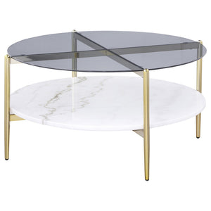 English Elm Jackel Round Coffee Table Smoked Glass Top Genuine Marble Shelf Gold Chrome Frame B062P519868