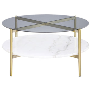 English Elm Jackel Round Coffee Table Smoked Glass Top Genuine Marble Shelf Gold Chrome Frame B062P519868
