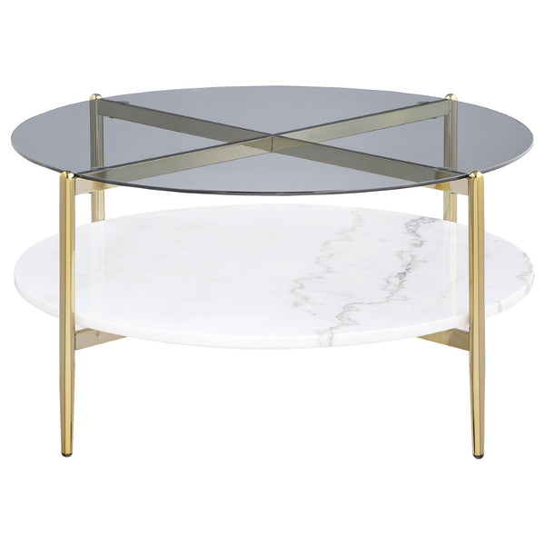 English Elm Jackel Round Coffee Table Smoked Glass Top Genuine Marble Shelf Gold Chrome Frame B062P519868