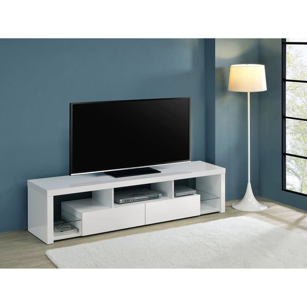 English Elm Lance High Gloss White TV Stand with Soft Close Drawers and Glass Shelves B062P519873