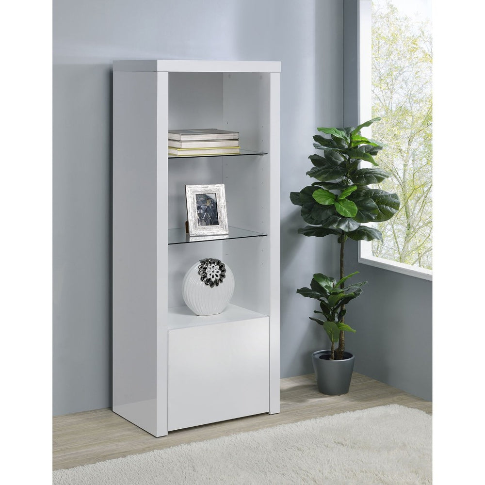 English Elm Lance Tall Media Tower with Glass Shelves and High Gloss White Lacquer Finish B062P519874
