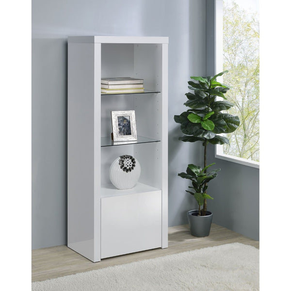 English Elm Lance Tall Media Tower with Glass Shelves and High Gloss White Lacquer Finish B062P519874