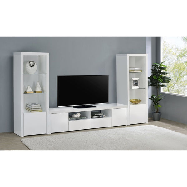 English Elm Lance Tall Media Tower with Glass Shelves and High Gloss White Lacquer Finish B062P519874