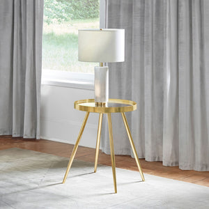 English Elm Lymon Polished Gold Metal End Table with Mirrored Glass Top for Glam Living Rooms B062P519876