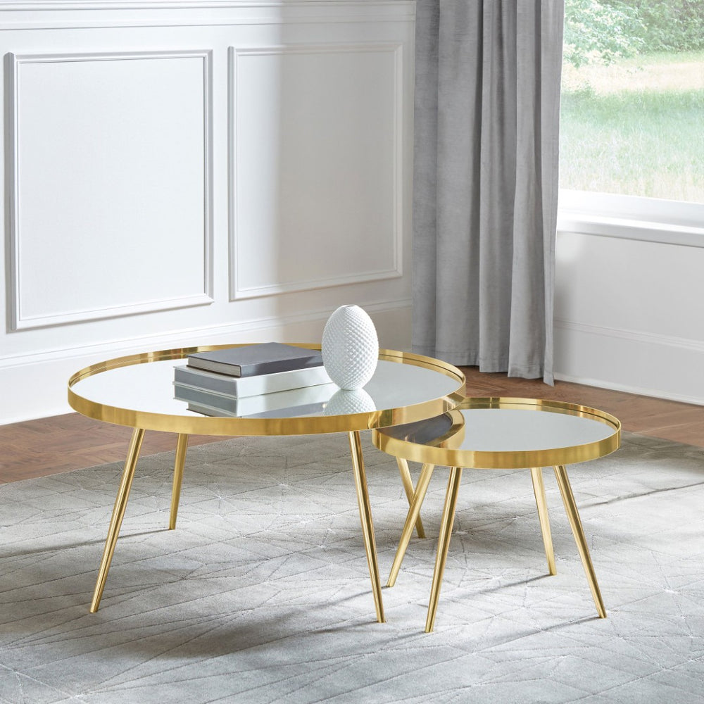 English Elm Lymon Mirrored Glass Nesting Coffee Tables with Gold Electroplated Splayed Legs Glam Set B062P519877