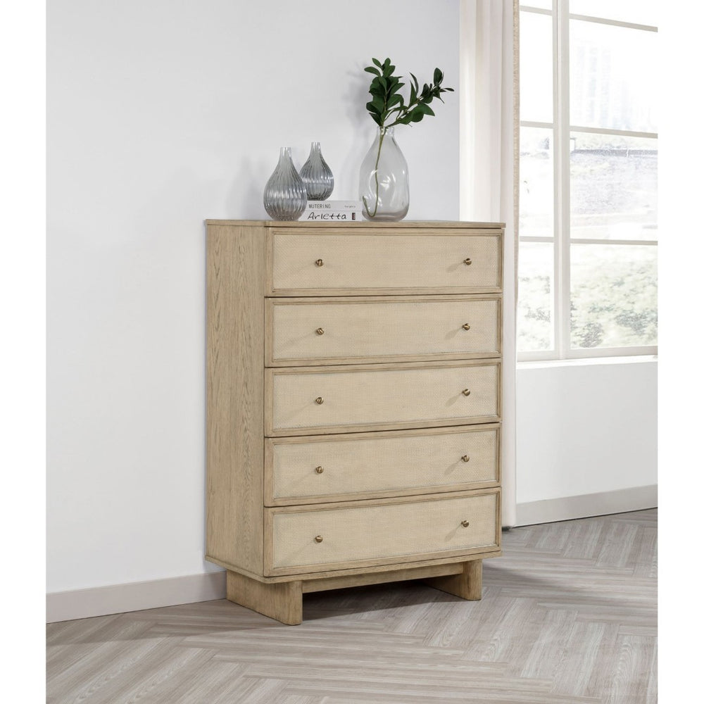 English Elm Kimpton Tall Five Drawer Chest with Antique Brass Knobs in Coastal Beige Oak Finish B062P519887