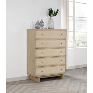 English Elm Kimpton Tall Five Drawer Chest with Antique Brass Knobs in Coastal Beige Oak Finish B062P519887