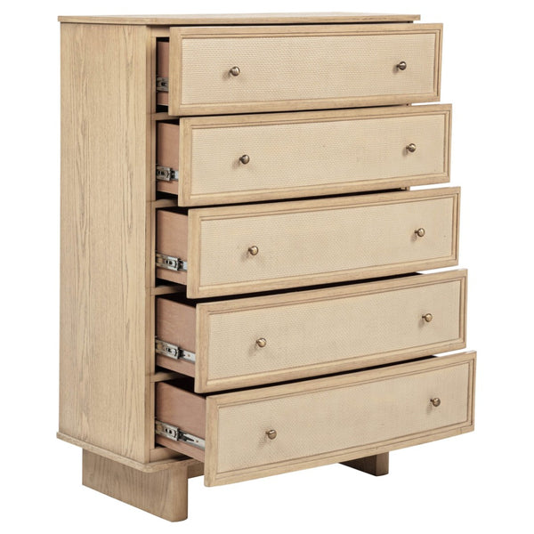 English Elm Kimpton Tall Five Drawer Chest with Antique Brass Knobs in Coastal Beige Oak Finish B062P519887
