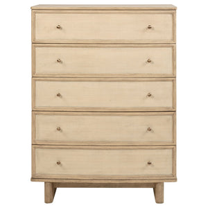 English Elm Kimpton Tall Five Drawer Chest with Antique Brass Knobs in Coastal Beige Oak Finish B062P519887