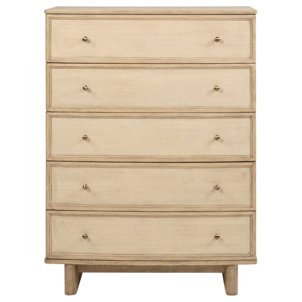 English Elm Kimpton Tall Five Drawer Chest with Antique Brass Knobs in Coastal Beige Oak Finish B062P519887