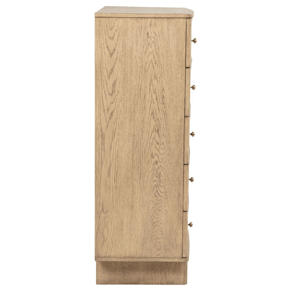 English Elm Kimpton Tall Five Drawer Chest with Antique Brass Knobs in Coastal Beige Oak Finish B062P519887