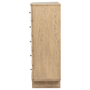 English Elm Kimpton Tall Five Drawer Chest with Antique Brass Knobs in Coastal Beige Oak Finish B062P519887