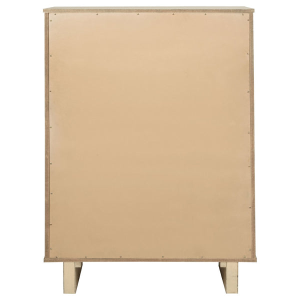 English Elm Kimpton Tall Five Drawer Chest with Antique Brass Knobs in Coastal Beige Oak Finish B062P519887