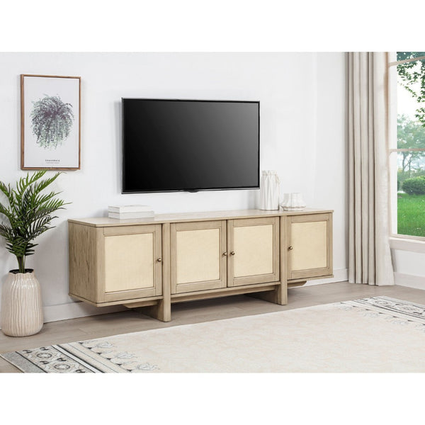 English Elm Kimpton Woven Cane Four Door Media Console with Antique Brass Oak Finish B062P519925
