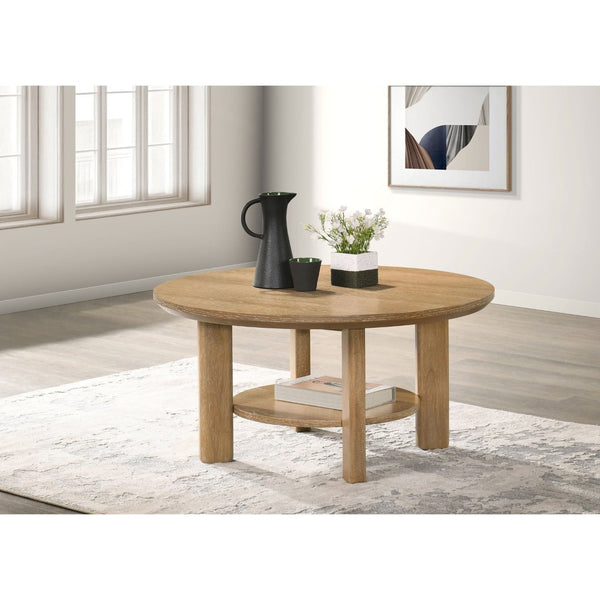 English Elm Crispin Round Oak Veneer Coffee Table with Open Shelf for Casual Living Rooms Light Oak B062P520062