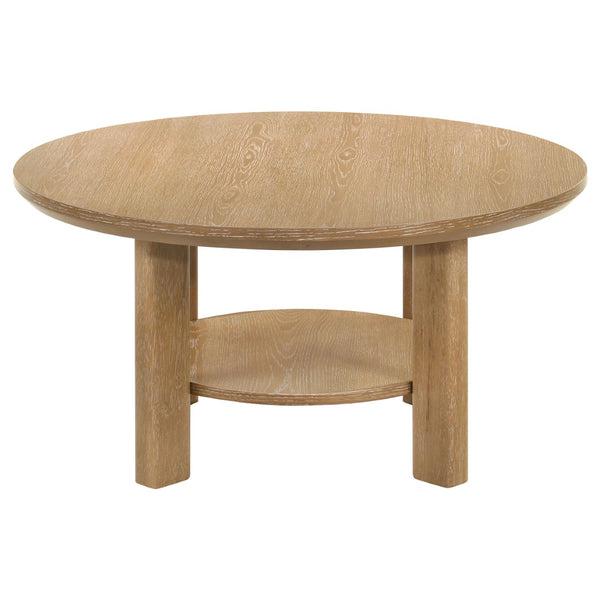 English Elm Crispin Round Oak Veneer Coffee Table with Open Shelf for Casual Living Rooms Light Oak B062P520062