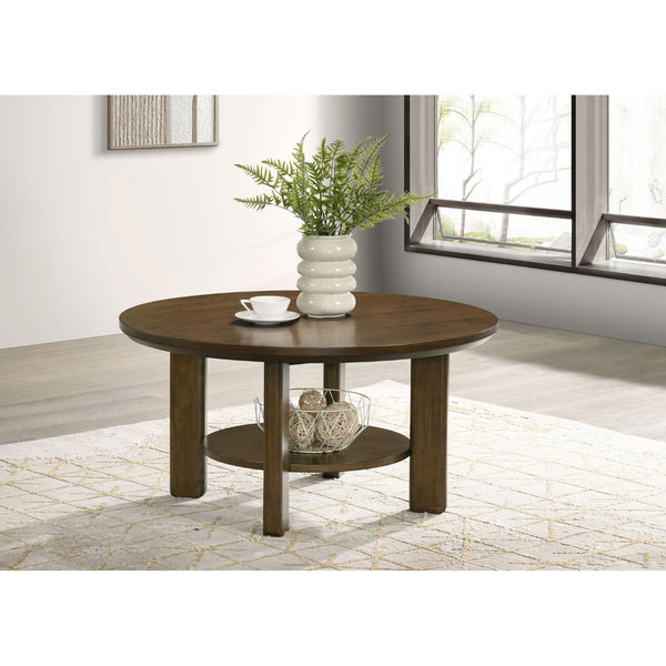 English Elm Crispin Round Oak Veneer Coffee Table with Open Shelf for Casual Living Rooms Brown B062P520066