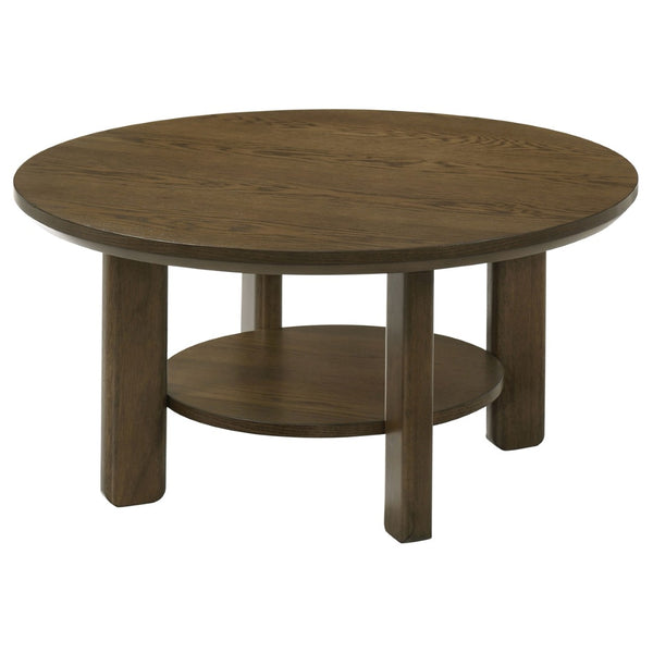 English Elm Crispin Round Oak Veneer Coffee Table with Open Shelf for Casual Living Rooms Brown B062P520066