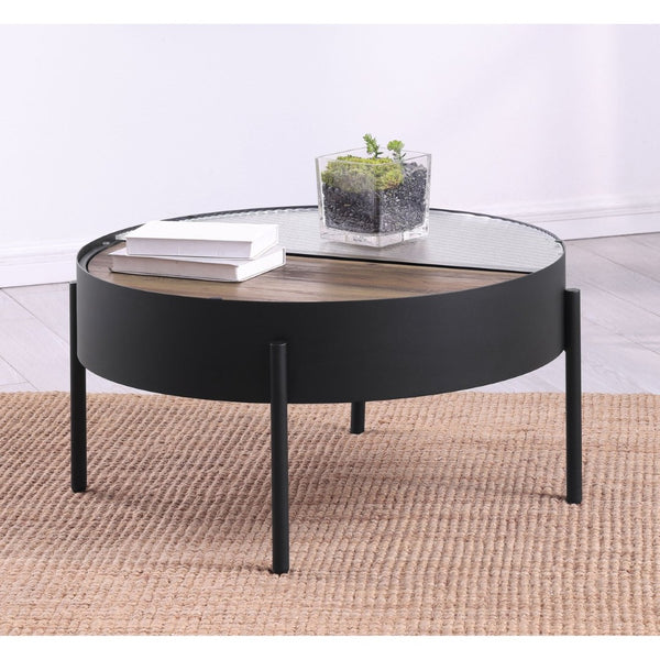 English Elm Rafael Round Coffee Table Reeded Glass Sliding Panel Mixed Material Modern Living Room B062P520070