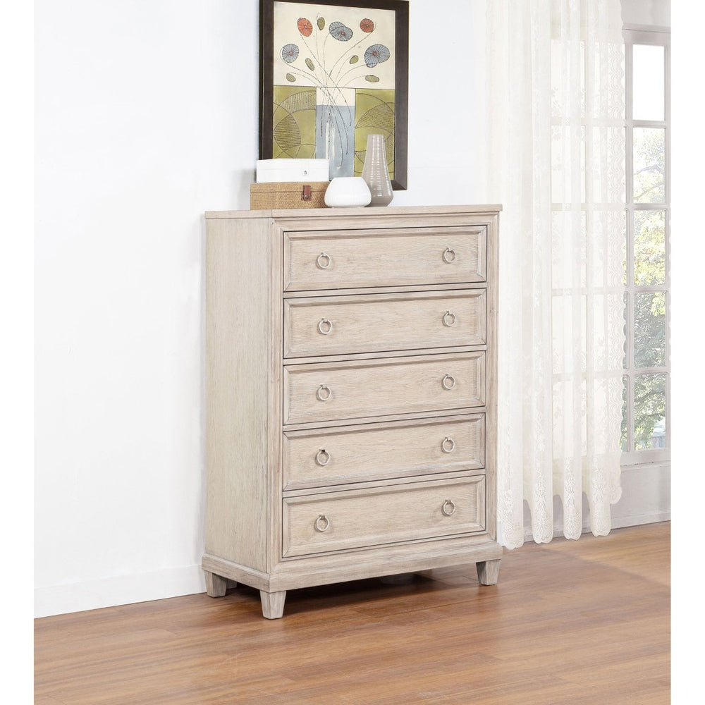English Elm Wedner Five Drawer Oak Veneer Chest with Nickel Pulls for Bedroom Storage B062P520113