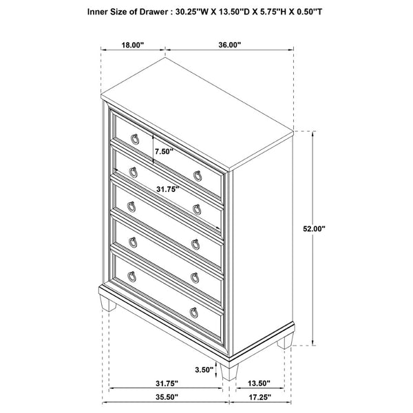 English Elm Wedner Five Drawer Oak Veneer Chest with Nickel Pulls for Bedroom Storage B062P520113