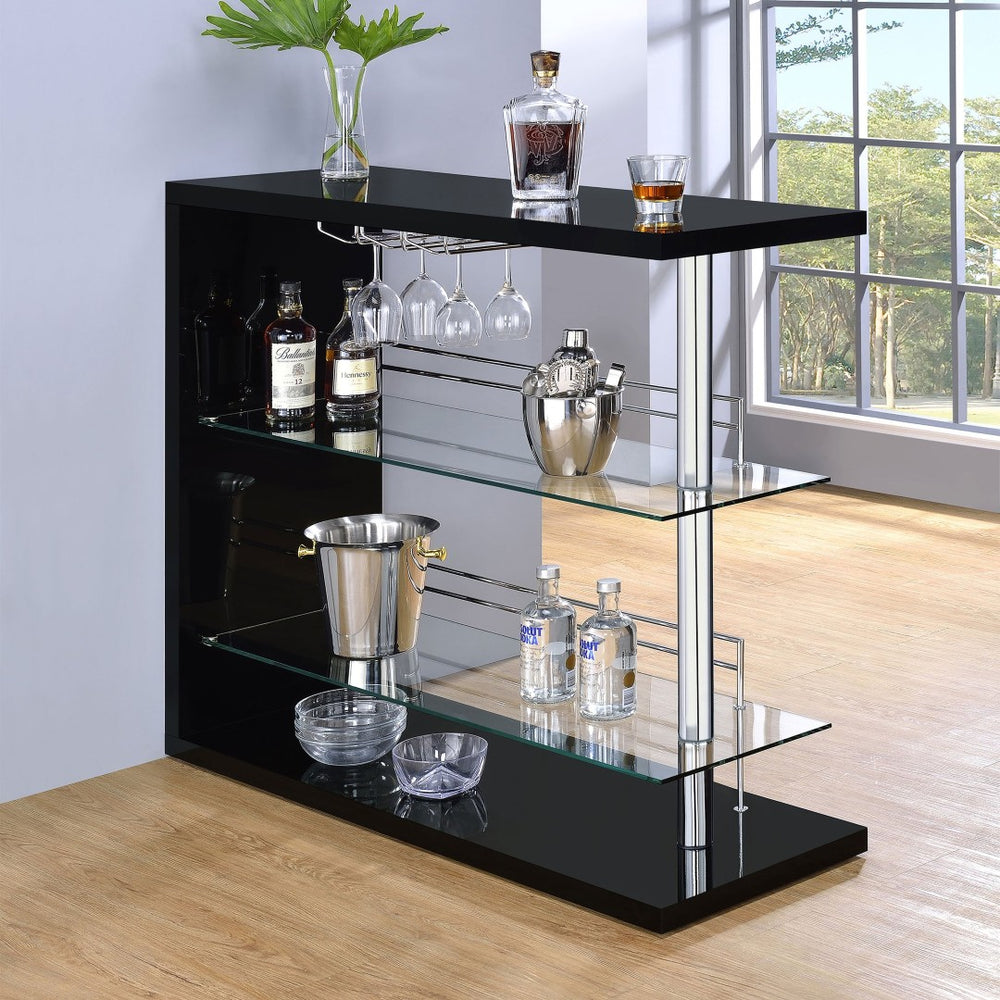 English Elm Gilbert Gloss Black Bar Shelf with Glass Shelves and Stemware Rack for Home Bars B062P520165