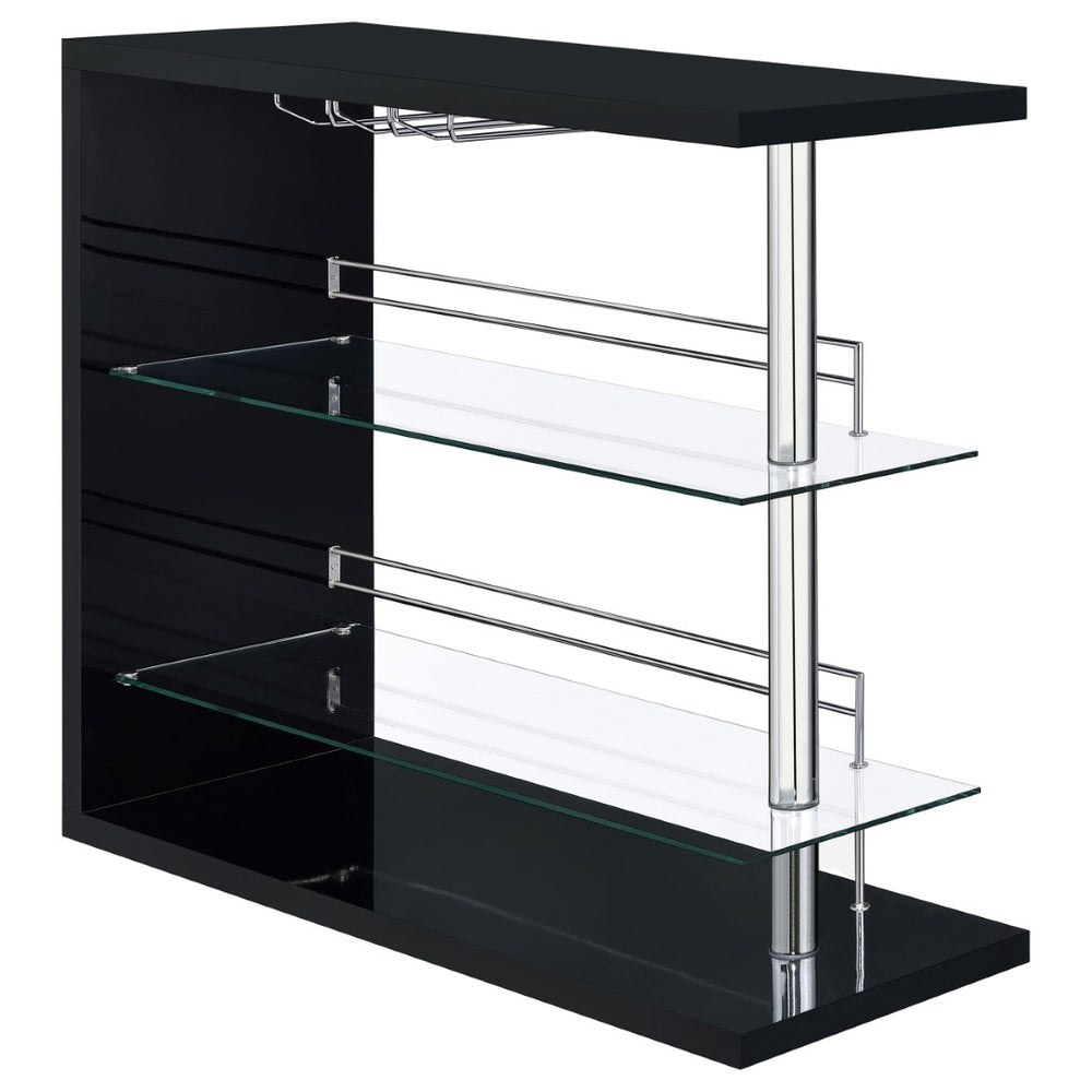 English Elm Gilbert Gloss Black Bar Shelf with Glass Shelves and Stemware Rack for Home Bars B062P520165