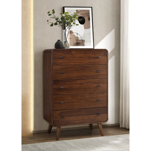 English Elm Winston Mid-century Five-drawer Chest with Walnut Veneer Tapered Legs and Oval Knobs B062P520212