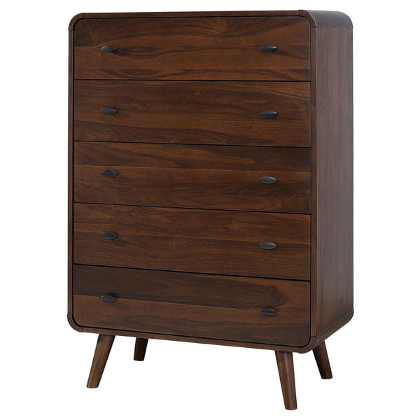 English Elm Winston Mid-century Five-drawer Chest with Walnut Veneer Tapered Legs and Oval Knobs B062P520212