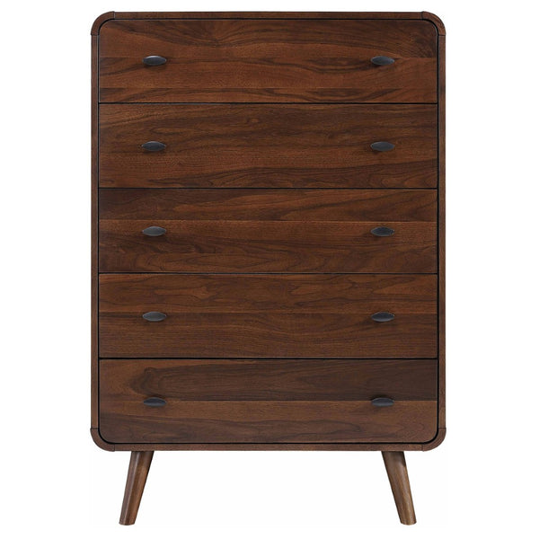 English Elm Winston Mid-century Five-drawer Chest with Walnut Veneer Tapered Legs and Oval Knobs B062P520212