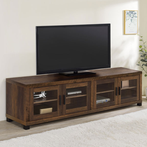 English Elm Heron Farmhouse TV Stand with Glass Doors Distressed Pine Finish Fits 85 Inch Screens B062P520971