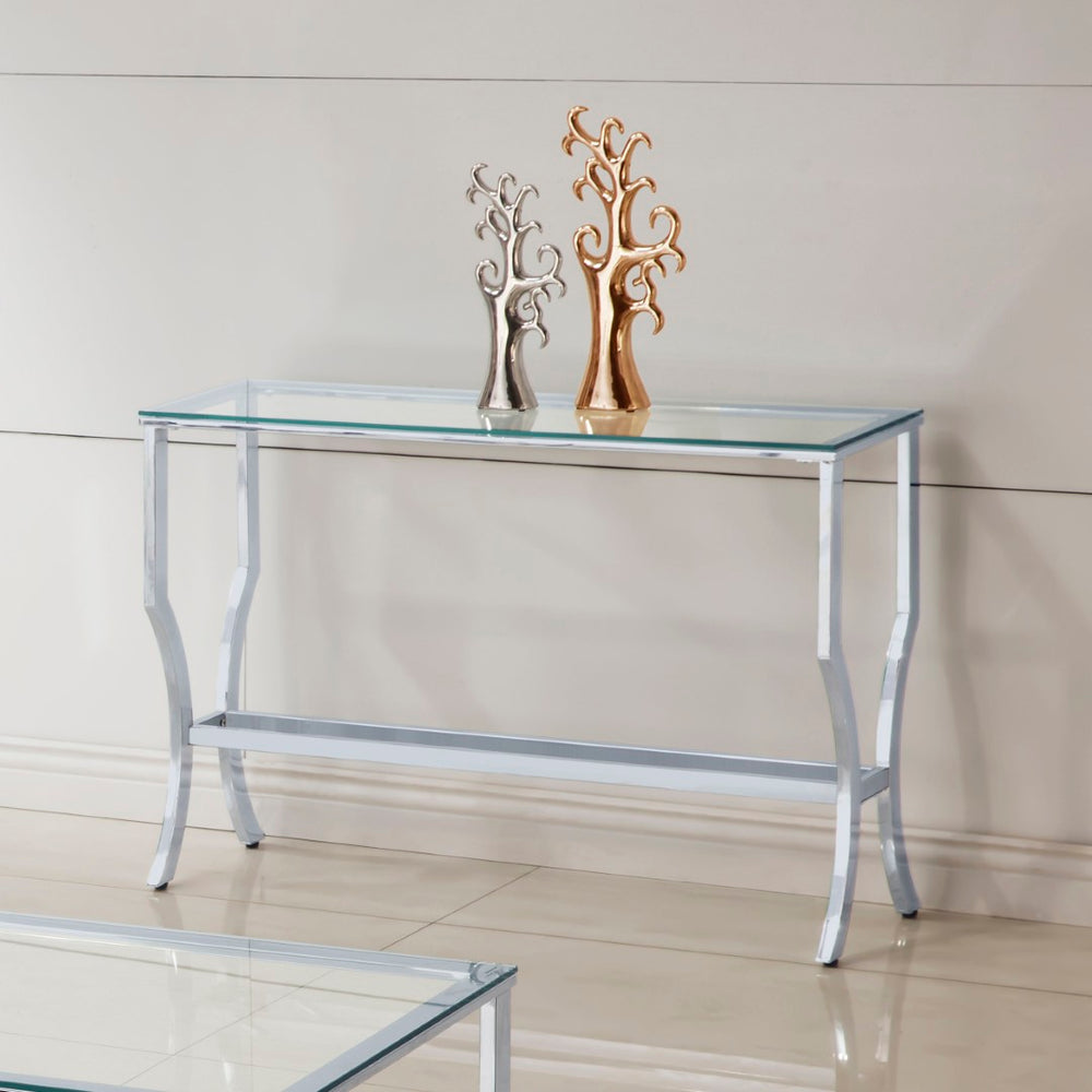 English Elm Seroff Polished Chrome and Tempered Glass Console Table for Entryway or Living Room B062P520973