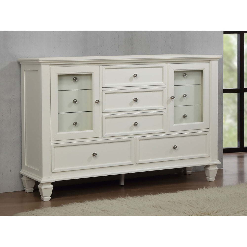 English Elm Dennis Cream 11 Drawer Dresser with Glass Cabinet Doors and Nickel Hardware B062P520981