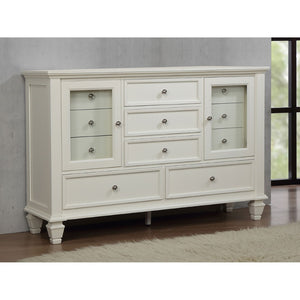 English Elm Dennis Cream 11 Drawer Dresser with Glass Cabinet Doors and Nickel Hardware B062P520981