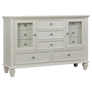 English Elm Dennis Cream 11 Drawer Dresser with Glass Cabinet Doors and Nickel Hardware B062P520981