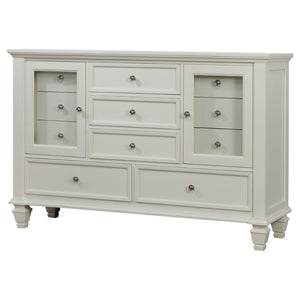 English Elm Dennis Cream 11 Drawer Dresser with Glass Cabinet Doors and Nickel Hardware B062P520981