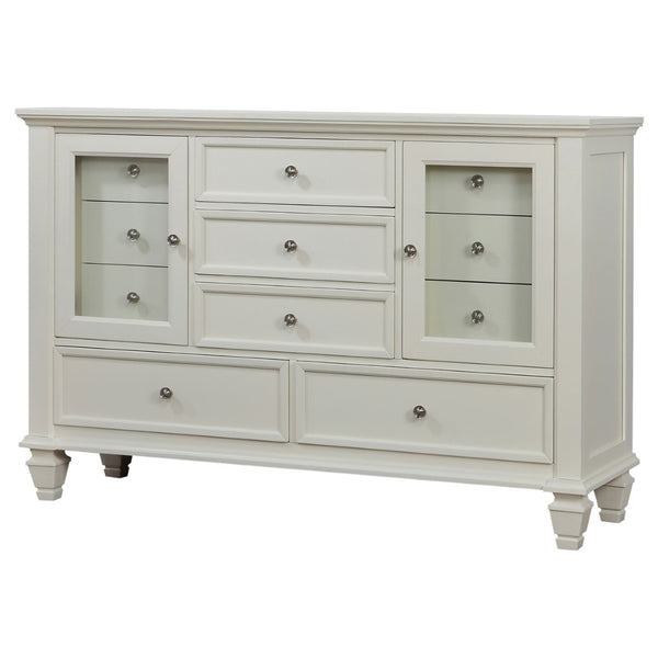 English Elm Dennis Cream 11 Drawer Dresser with Glass Cabinet Doors and Nickel Hardware B062P520981