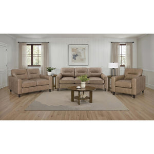 English Elm Remington Track Arm Leatherette Accent Chair Tufted Architectural Seat for Modern Living Brown B062P521000