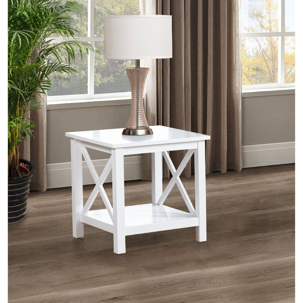 English Elm Slater Glossy White Pine End Table with X Frame Open Shelf for Farmhouse Living Rooms B062P521015
