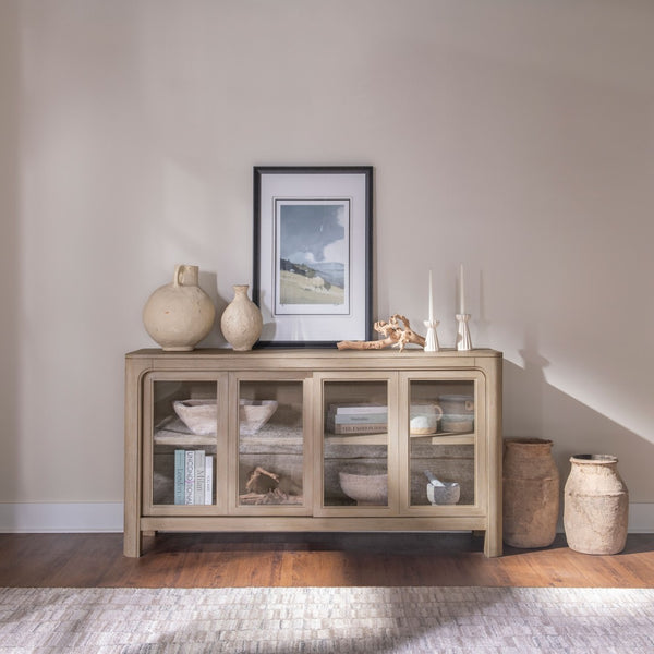 English Elm Flores Mango Veneer Sideboard with Arched Glass Doors for Transitional Dining Rooms B062P521045