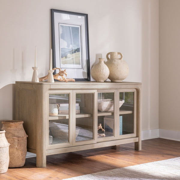 English Elm Flores Mango Veneer Sideboard with Arched Glass Doors for Transitional Dining Rooms B062P521045