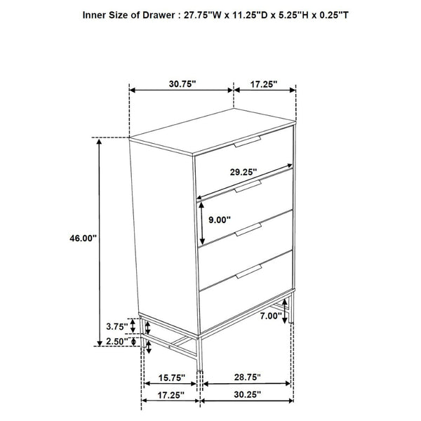 English Elm Taraval Four Drawer Chest White Laminate Finish with Black Hardware Modern Bedroom Storage B062P521056