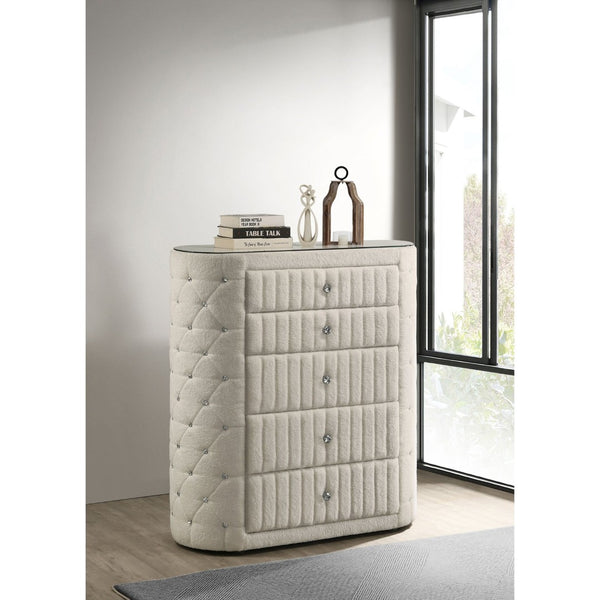 English Elm Santiago Boucle Upholstered Five Drawer Chest with Crystal Knobs and Glass Top B062P521077