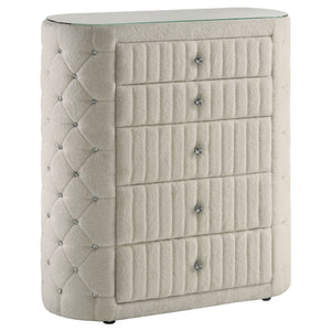 English Elm Santiago Boucle Upholstered Five Drawer Chest with Crystal Knobs and Glass Top B062P521077