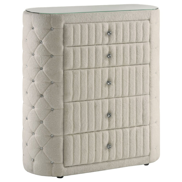 English Elm Santiago Boucle Upholstered Five Drawer Chest with Crystal Knobs and Glass Top B062P521077