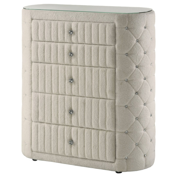 English Elm Santiago Boucle Upholstered Five Drawer Chest with Crystal Knobs and Glass Top B062P521077